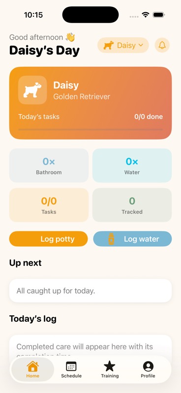 EasyDaisy Home showing Daisy's task progress, quick care logs, upcoming items, and today's history
