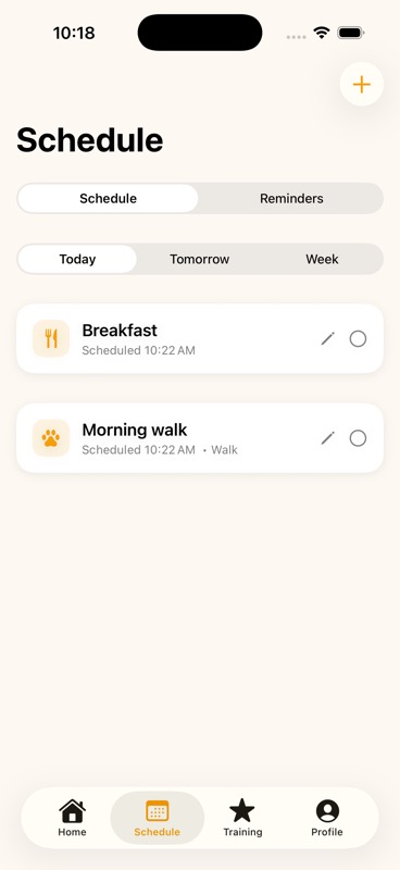 EasyDaisy Schedule showing breakfast and morning walk care items